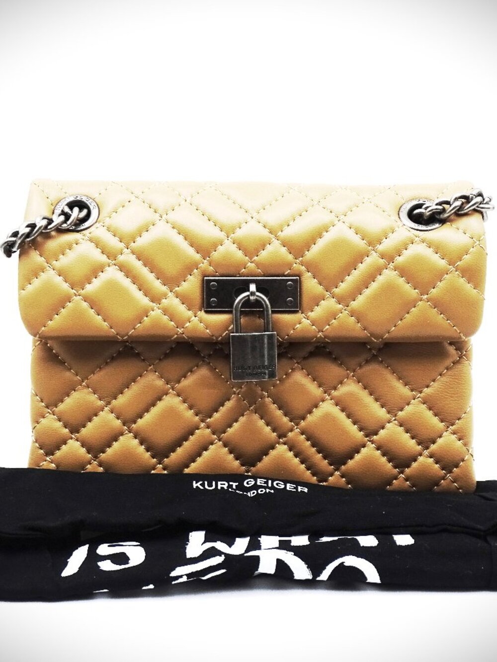 KURT GEIGER Mini Brixton Diamond Quilted Leather Pad Lock Shoulder Bag in Camel